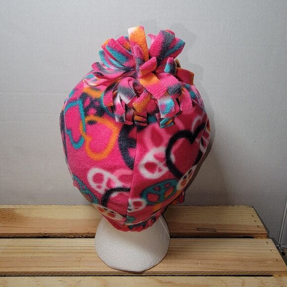 Old Navy Fleece Hat Pink w/ Peace Signs 3 Poms - Size Small - Picture 3 of 5